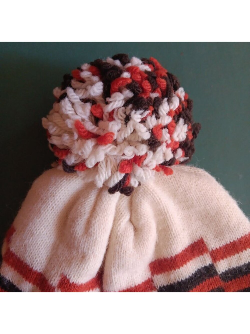 Vintage 80's Beanie Knit Ski Hat Striped Pom-Pom Orange Brown & White